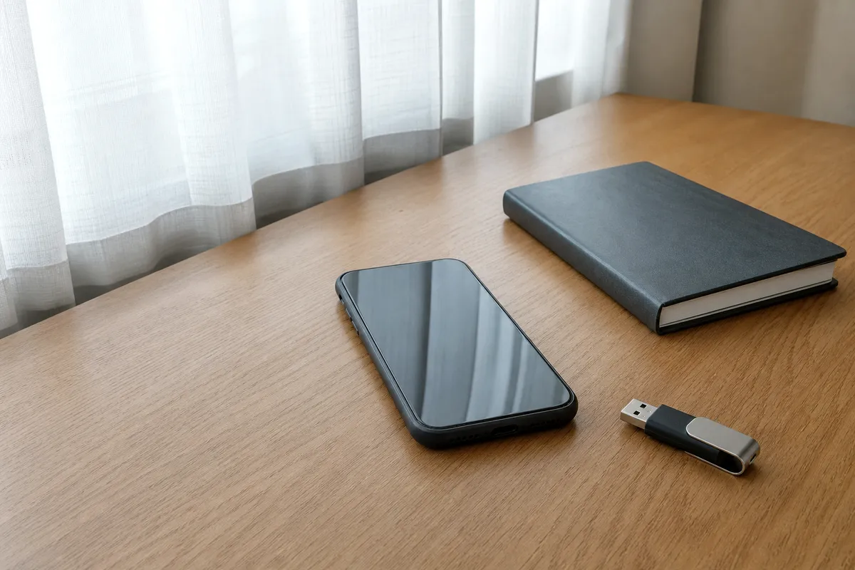 책상 위에 놓인 휴대폰과 노트, USB 저장장치